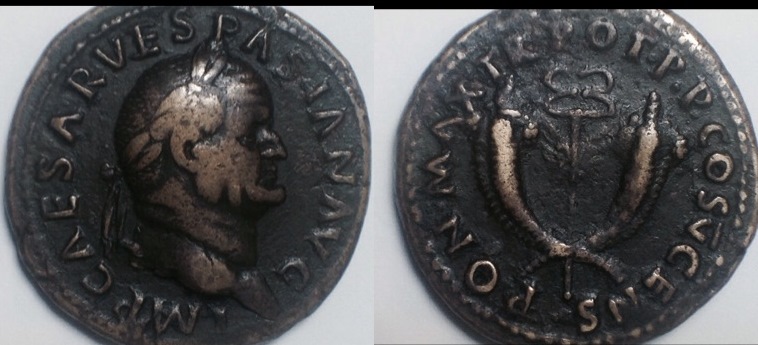Vespasian dupondius Commenge cornucopia crossed.jpg