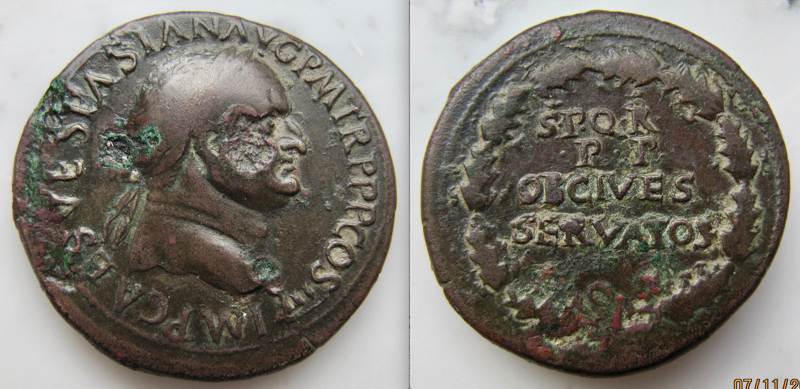 Vespasian sestertius SPQR Wreath - grade pitted - OBV:REV - GP 2023.png