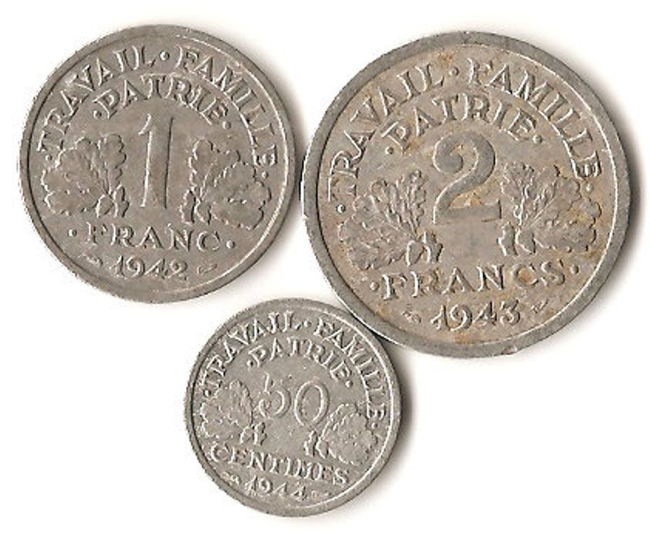 Vichy France, 50 centime, 1 and 2 franc, Nazi occupation, Obverse.jpg