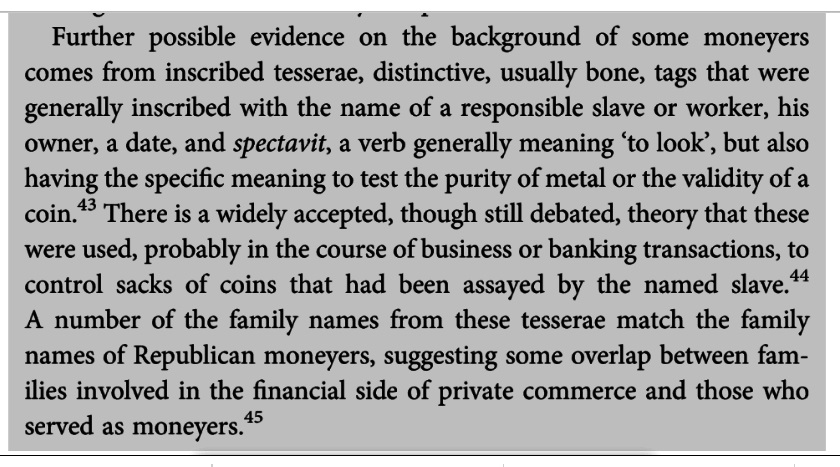 Yarrow p. 20 - passage re bone tesserae & moneyers, w. fn. 45 citing Cloelius as example.jpg
