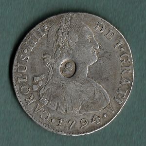 1 Dollar - George III Type I countermark; oval on Carlo IIII 1794 8 reales Peru