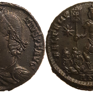 Constantius II AE Maiorina (4.79g). Antioch mint, 348-350 AD. Bound Eastern captives. Emperor holding labarum w/ cross.