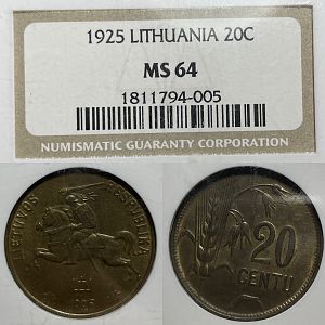 LITHUANIA 1925 20 Centas - NGC MS64
