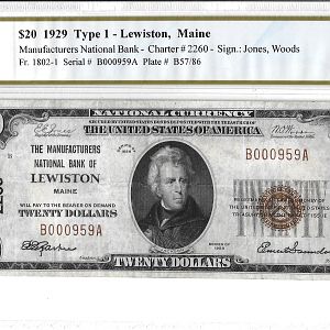 $20 Lewiston, ME, national banknote obverse