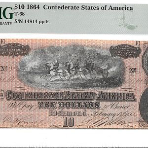AU58EPQ Confederate $10, 1864 Obverse