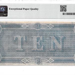 AU58EPQ Confederate $10, 1864 Reverse