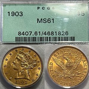 $5 Gold MS61 1905 Liberty Head