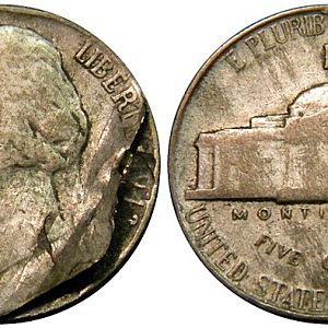 1943 P (Major retained clamshell lamination) Jefferson Nickel