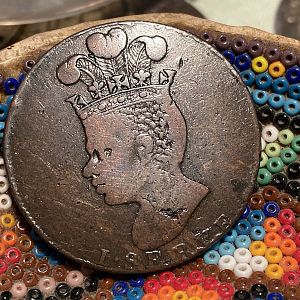 1788 Barbadoes I Serve -Slave Penny Obverse
