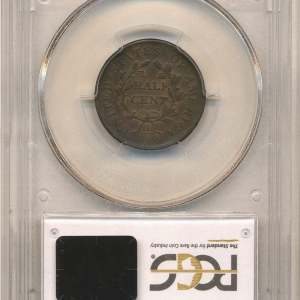 1806 HALF CENT - DRAPED BUST PCGS MS 25 SMALL 6 NO STEMS C-1, BROWN, CAC Reverse Slab