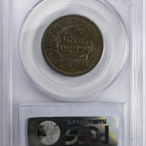 1844 CENT - CORONET, BRAIDED HAIR PCGS MS 40 BROWN, CAC Reverse Slab