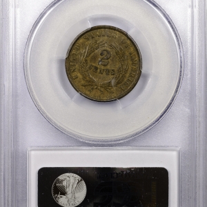 1864 TWO-CENT PIECE PCGS MS 62 LARGE MOTTO, BROWN, CAC Reverse Slab