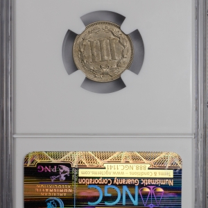 1869 THREE-CENT PIECE - COPPER-NICKEL NGC MS 58, CAC Reverse Slab