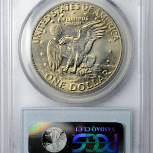 1977 D DOLLAR - EISENHOWER CLAD PCGS MS 65+, CAC Reverse Slab