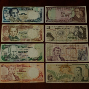 Colombia 1000, 500, 200, 100, 50, 25, 10, 5 Pesos Oro OBV