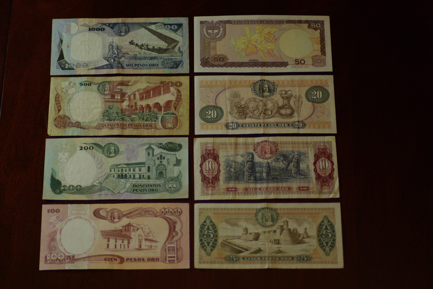 Colombia 1000, 500, 200, 100, 50, 25, 10, 5 Pesos Oro REV