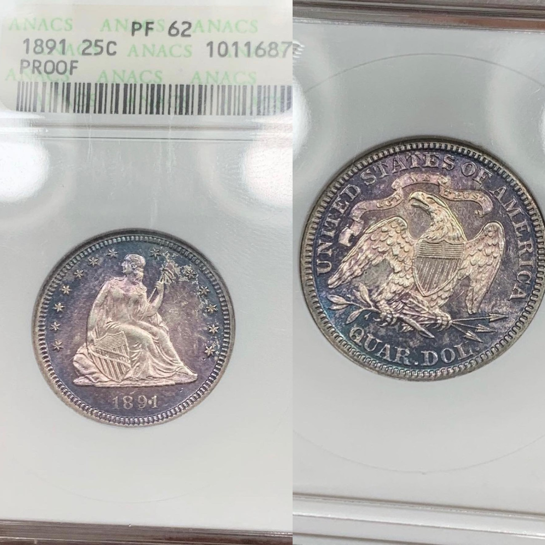 PF62 1891 toned Seated 25c, ANACS Soapbox