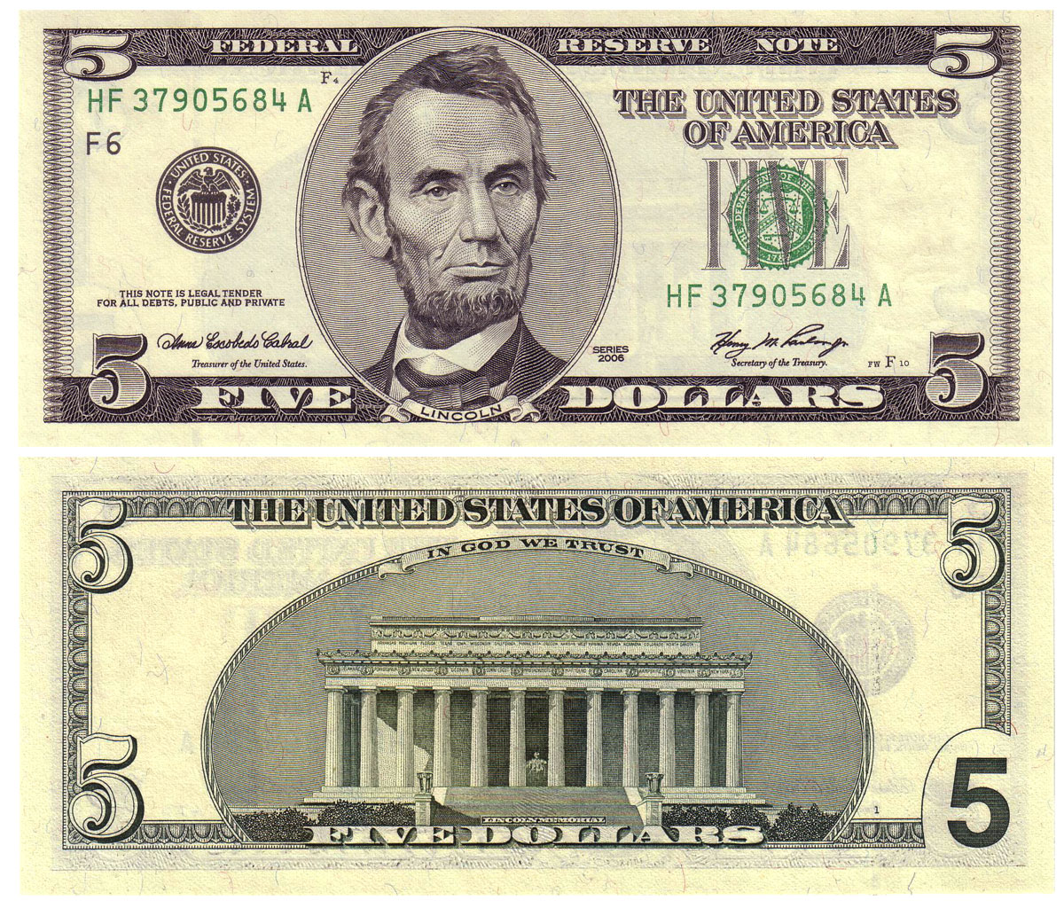 Colorized Lincoln Memorial $5 Federal Reserve Note